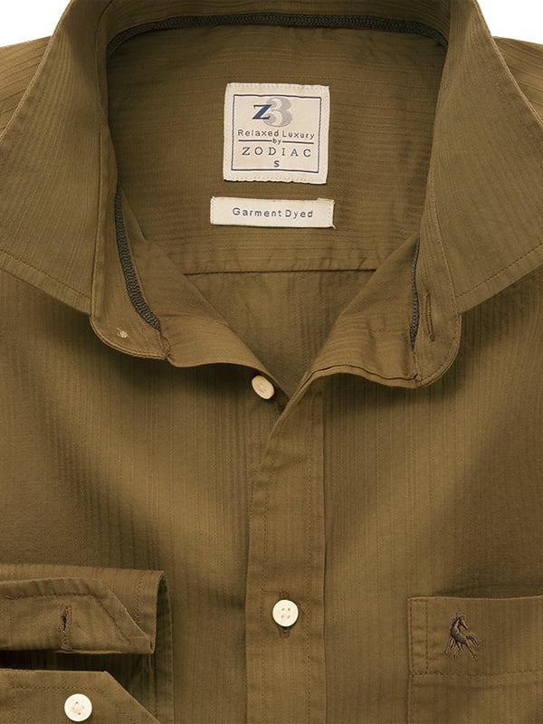 Bryson Dobby Garment Dyed Brown Striped Full Sleeve Tailored Fit Casual Cotton Shirt