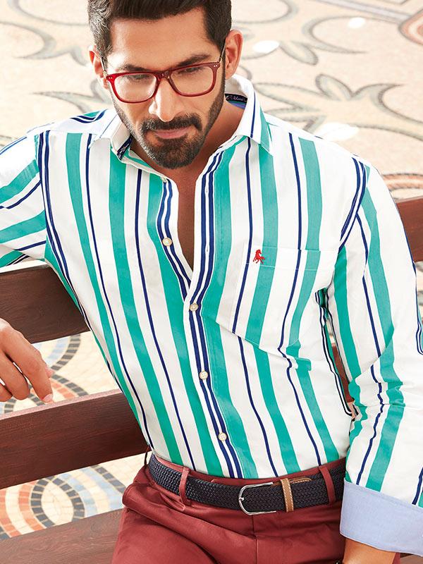 Ronda Green Striped Full sleeve single cuff Cotton Shirt