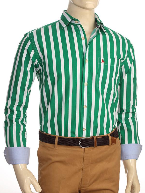 Sevilla Green Striped Full sleeve single cuff Cotton Shirt