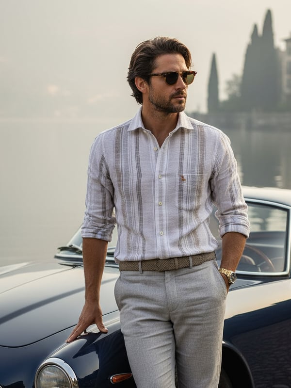 Tenerife Crepe Grey Striped Full Sleeve Tailored Fit Casual Cotton Shirt