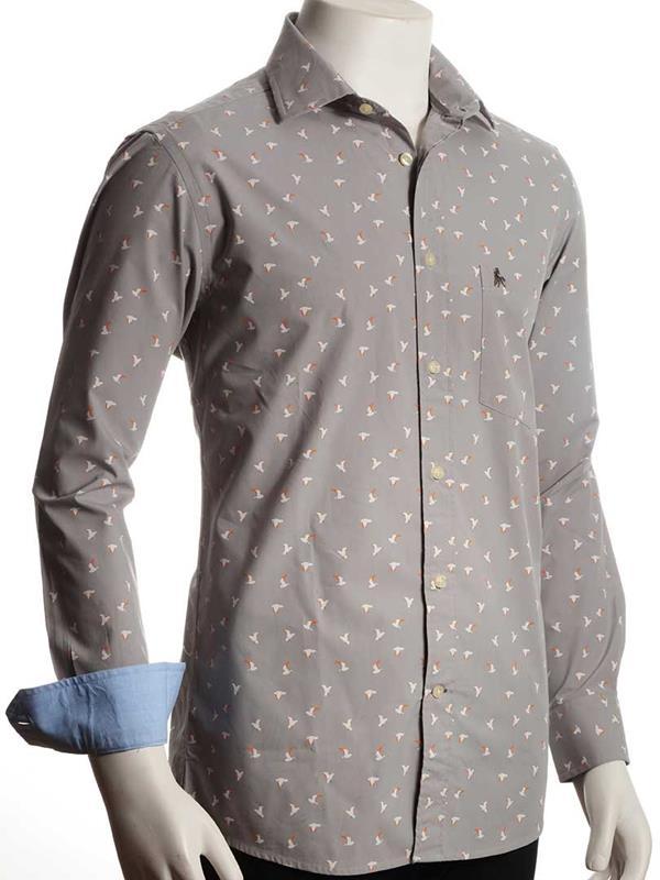 Egret Light Grey Printed Full sleeve single cuff Cotton Shirt