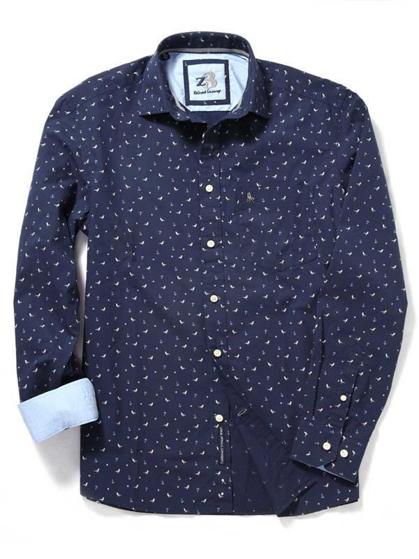 Bird Navy Printed Cotton Shirt