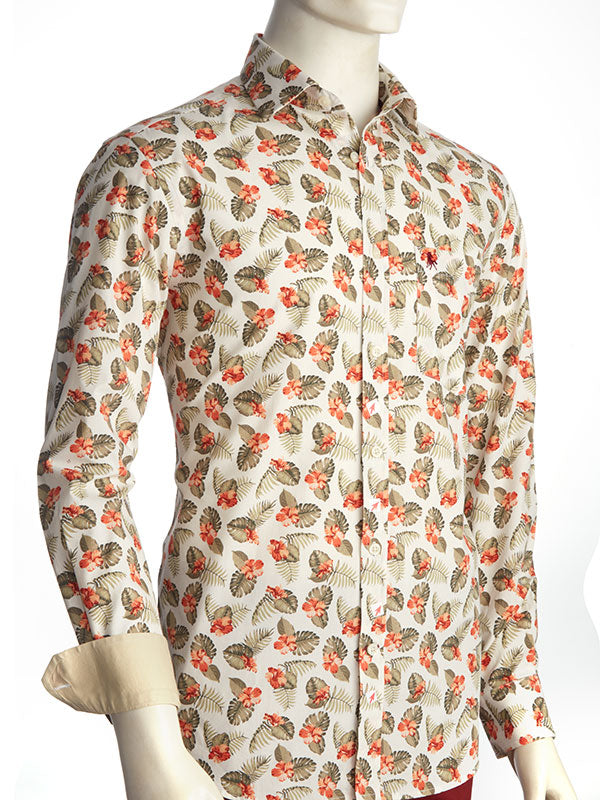 Luka Olive Printed Full Sleeve Tailored Fit Casual Cotton Shirt