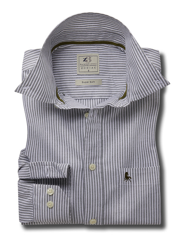 Keegan Oxford Olive Striped Full Sleeve Tailored Fit Casual Cotton Shirt