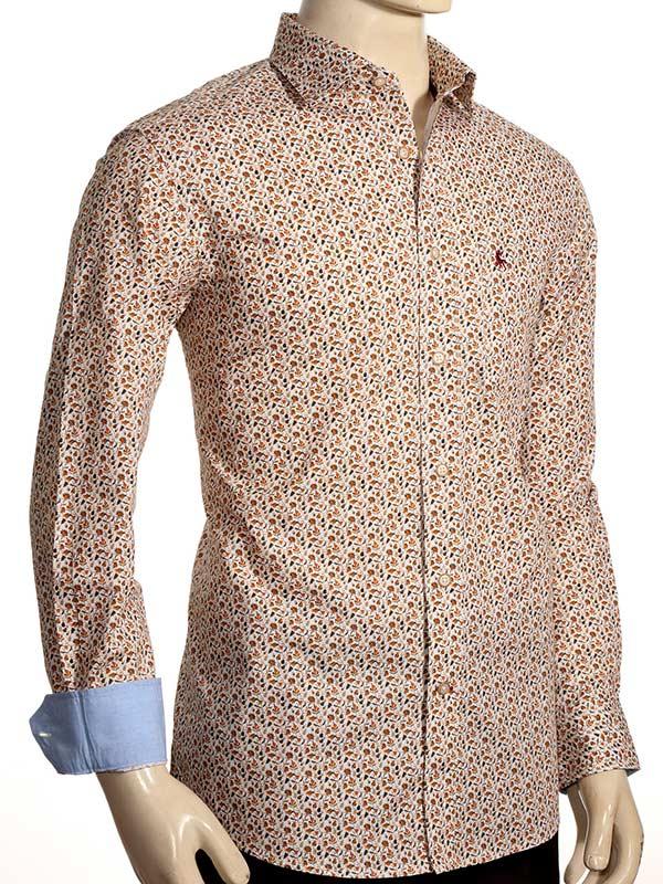 Kurinji Orange Printed Full sleeve single cuff Cotton Shirt