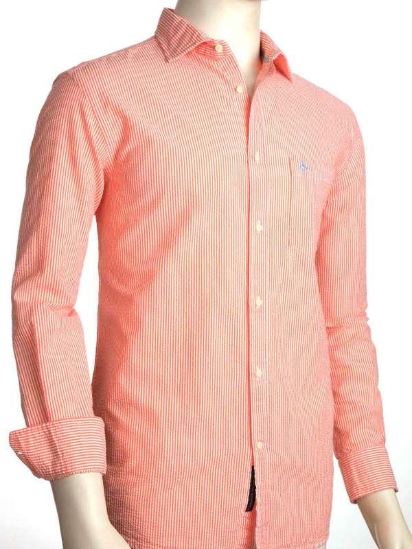Liverpool Orange Striped|Seersucker Full sleeve single cuff Cotton Shirt