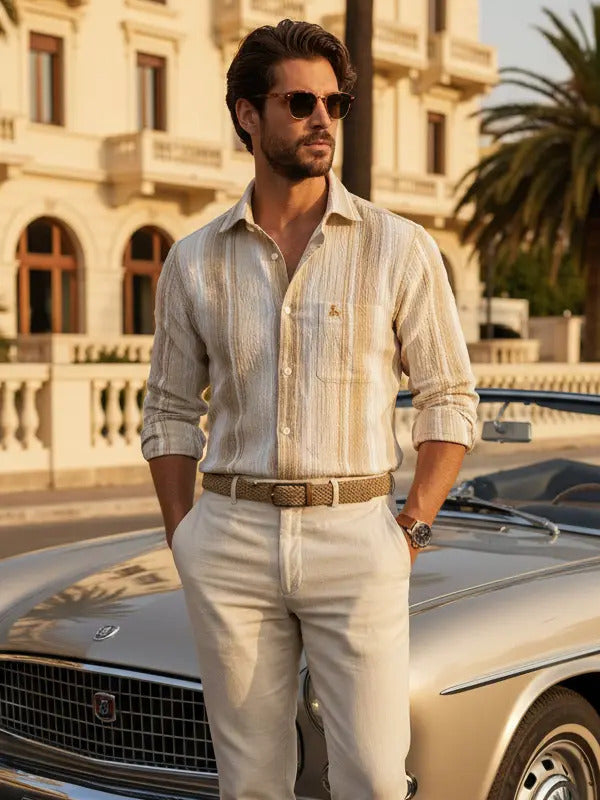 Burano Crepe Sand Striped Full Sleeve Tailored Fit Casual Cotton Shirt