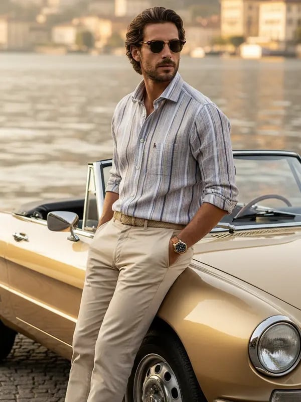 Harman Slub Sand Striped Full Sleeve Tailored Fit Casual Cotton Shirt
