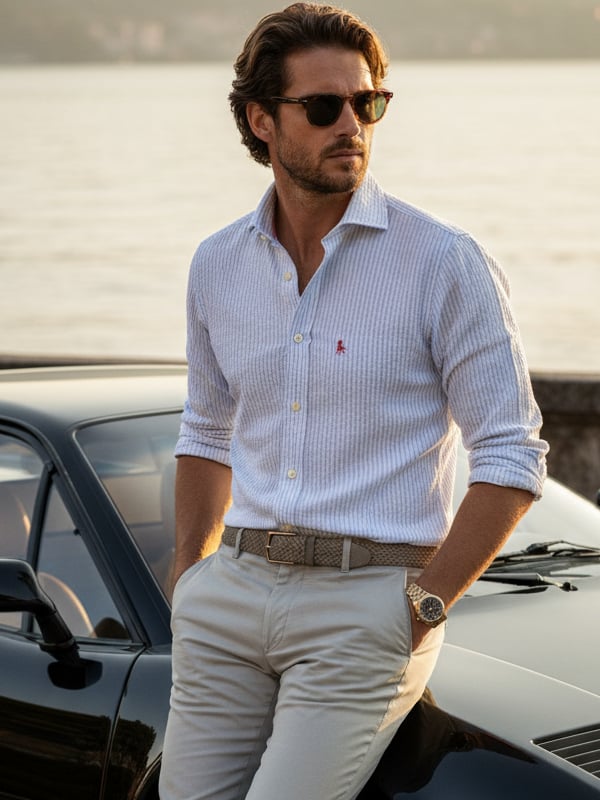 Pasman Seersucker Sky Striped Full Sleeve Tailored Fit Casual Cotton Shirt