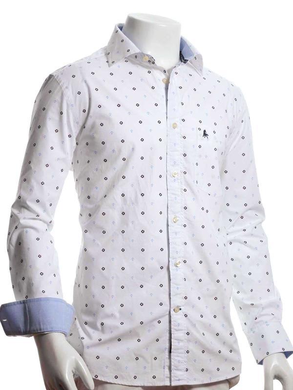 Buoy White Printed Full sleeve single cuff Cotton Shirt