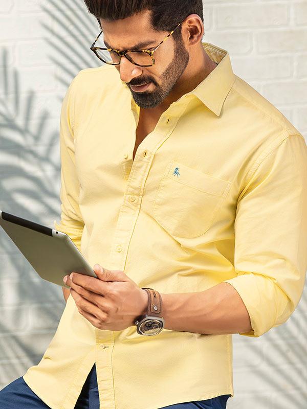 Marbella Yellow Solid Full sleeve single cuff Cotton Shirt