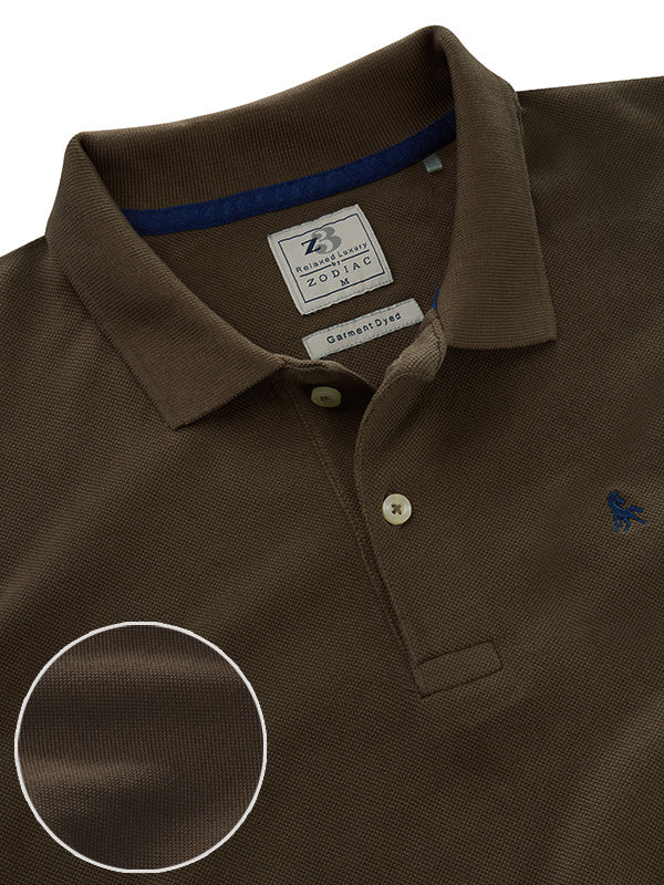 z3 Polo Garment Dyed Brown Solid Tailored Fit Casual Cotton T