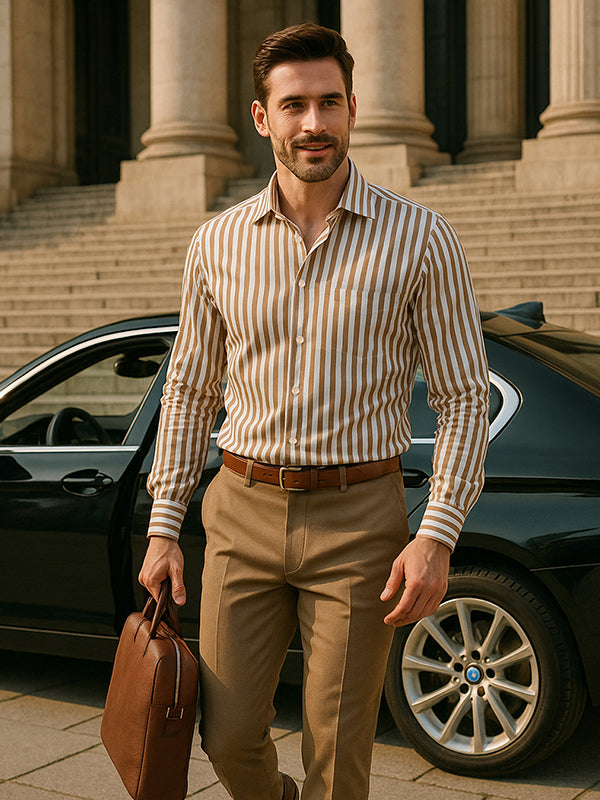 Barboni Beige Striped Full Sleeve Single Cuff Tailored Fit Classic Formal Silk Touch Egyptian Giza Cotton Shirt