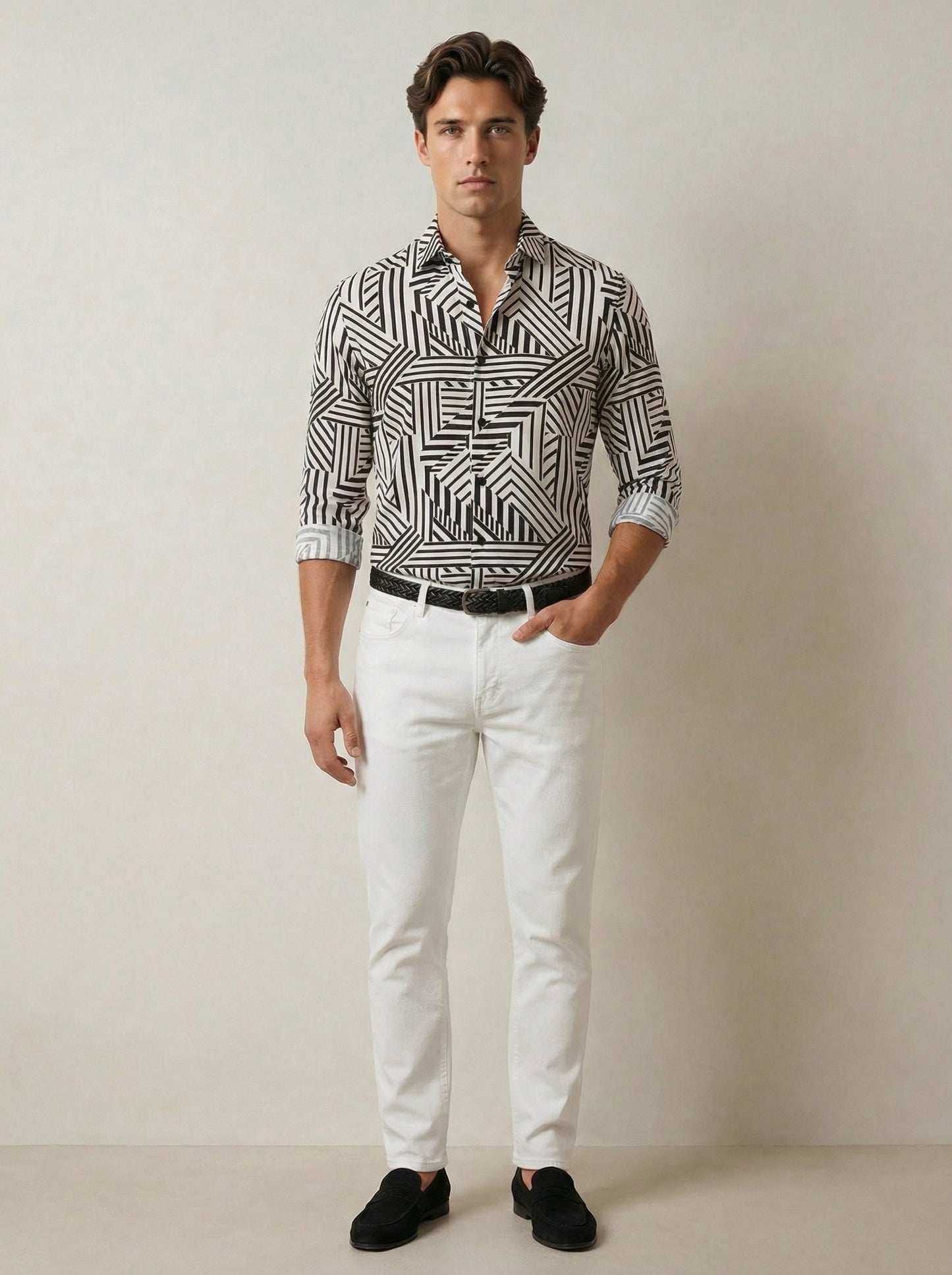 Diablo White Printed Full Sleeve Single Cuff Slim Fit Party Wear Viscose Shirt
