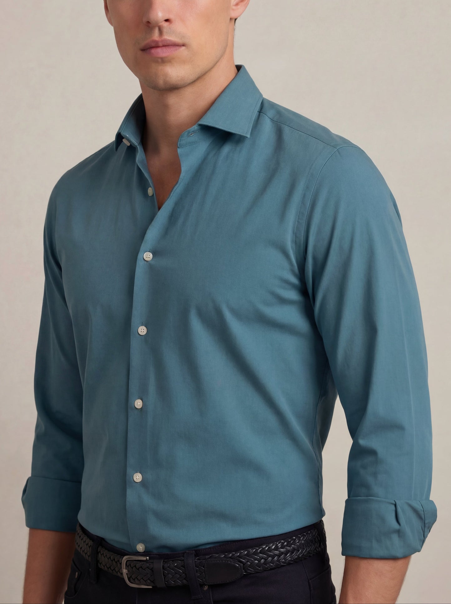 Beyer Teal Techno 4 Way Stretch Solid Full Sleeve Single Cuff Slim Fit Party Wear Blended Shirt