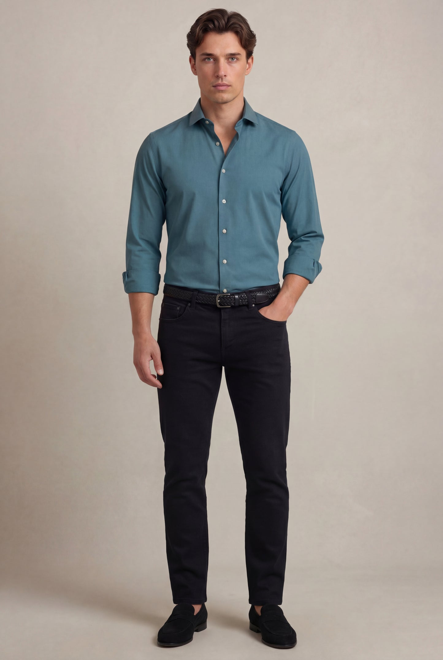 Beyer Teal Techno 4 Way Stretch Solid Full Sleeve Single Cuff Slim Fit Party Wear Blended Shirt