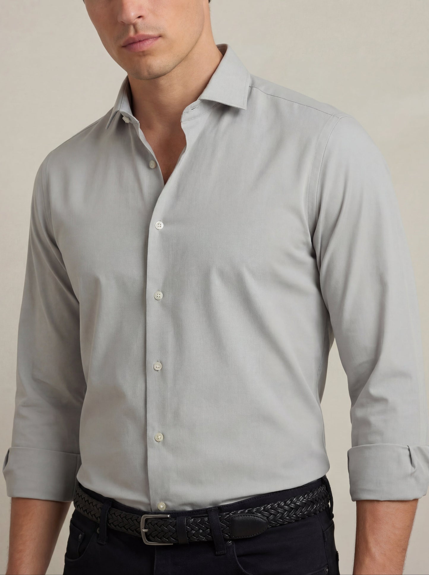 Beyer Light Grey Techno 4 Way Stretch Solid Full Sleeve Single Cuff Slim Fit Party Wear Blended Shirt