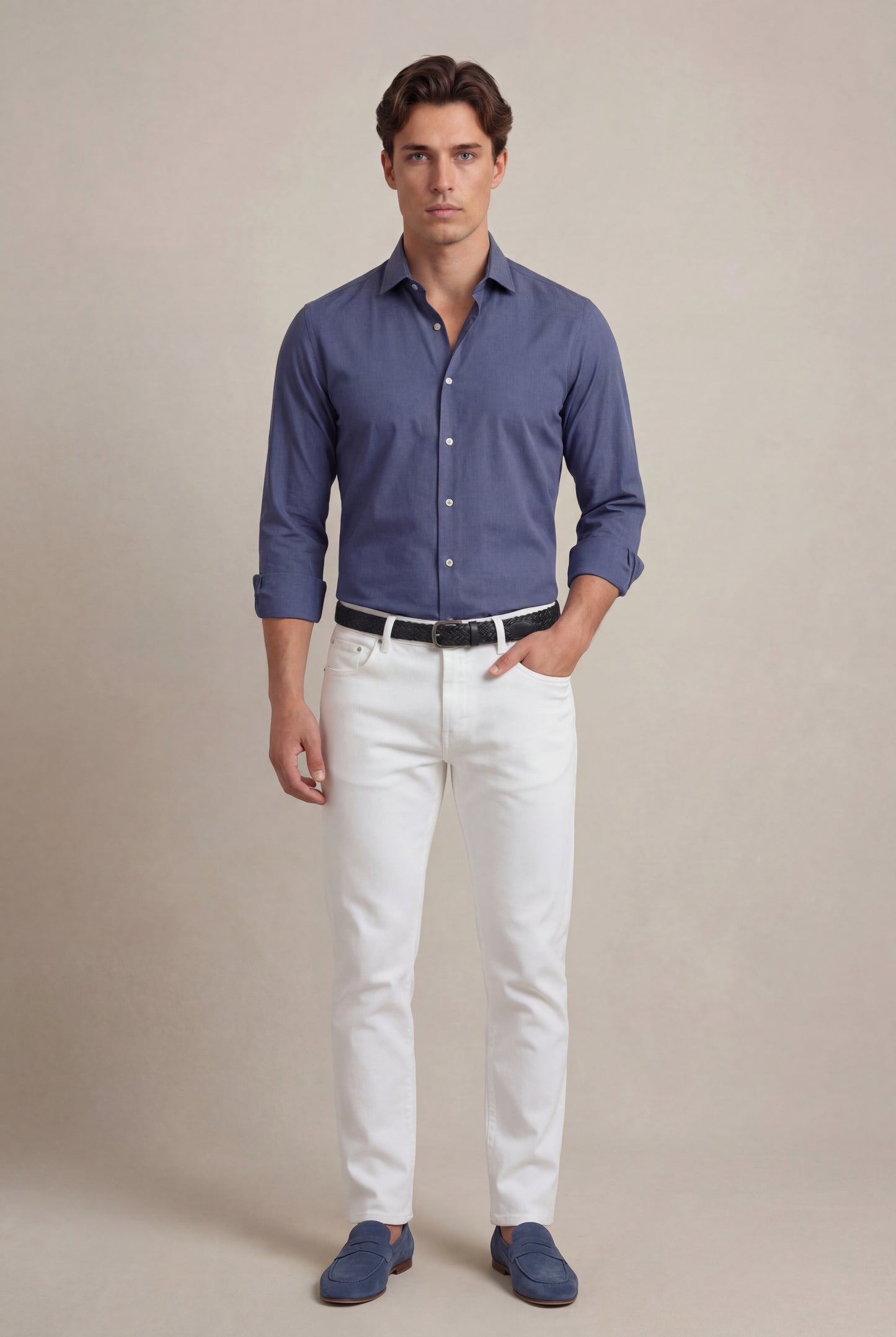 Sainz Blue Tecnho 4 Way Stretch Solid Full Sleeve Single Cuff Slim Fit Party Wear Blended Shirt