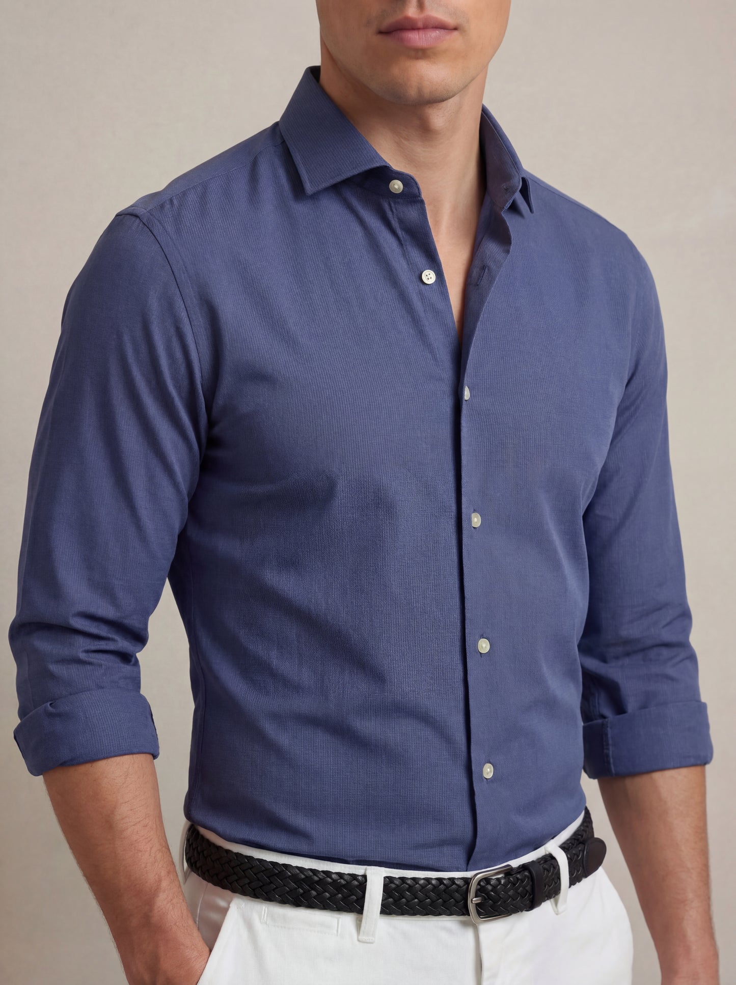 Sainz Blue Tecnho 4 Way Stretch Solid Full Sleeve Single Cuff Slim Fit Party Wear Blended Shirt