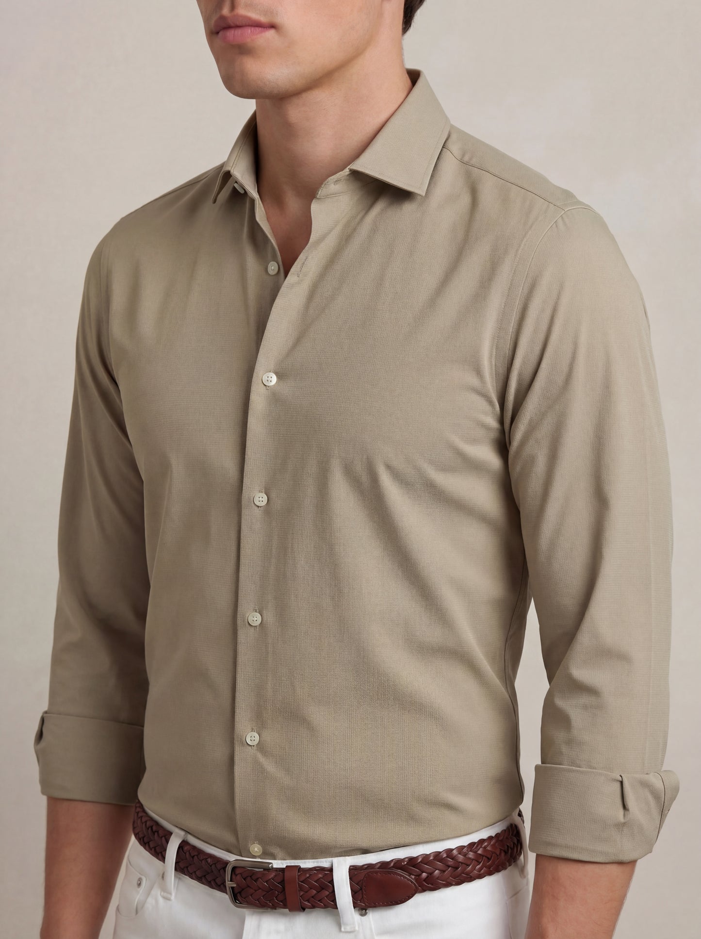 Sainz Beige Tecnho 4 Way Stretch Solid Full Sleeve Single Cuff Slim Fit Party Wear Blended Shirt