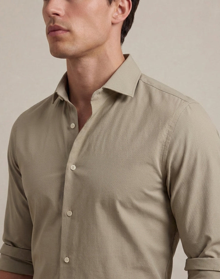 Sainz Beige Tecnho 4 Way Stretch Solid Full Sleeve Single Cuff Slim Fit Party Wear Blended Shirt