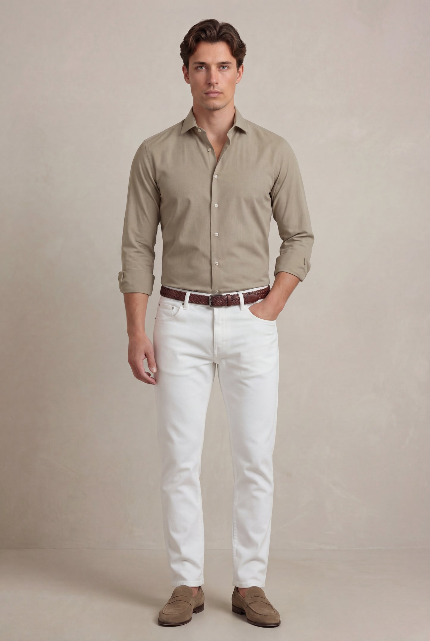 Sainz Beige Tecnho 4 Way Stretch Solid Full Sleeve Single Cuff Slim Fit Party Wear Blended Shirt