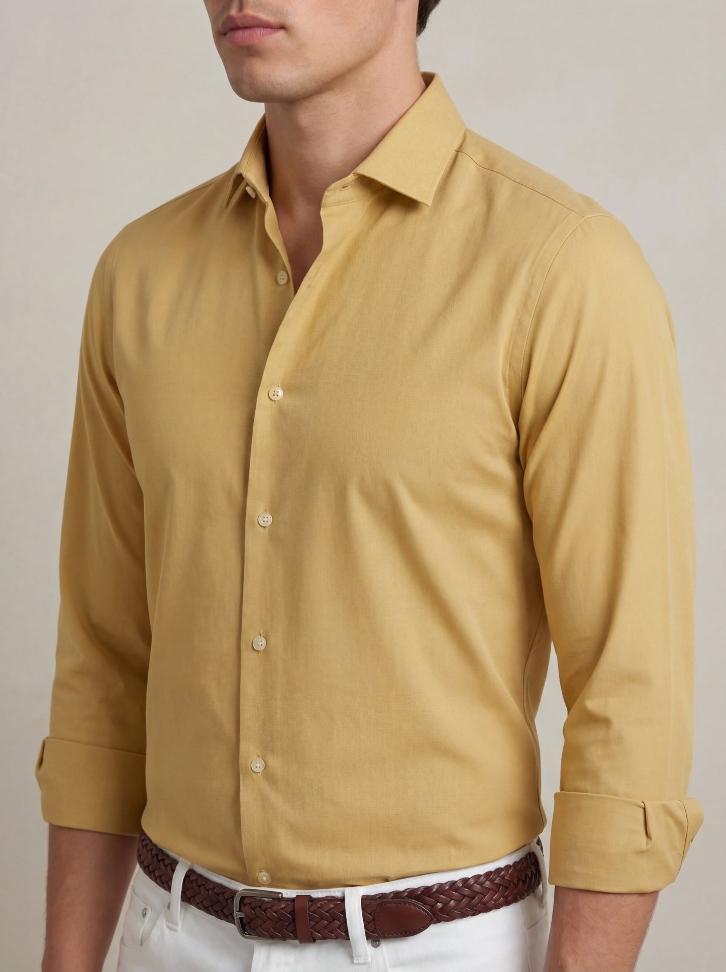 Beyer Mustard Techno 4 Way Stretch Solid Full Sleeve Single Cuff Slim Fit Party Wear Blended Shirt