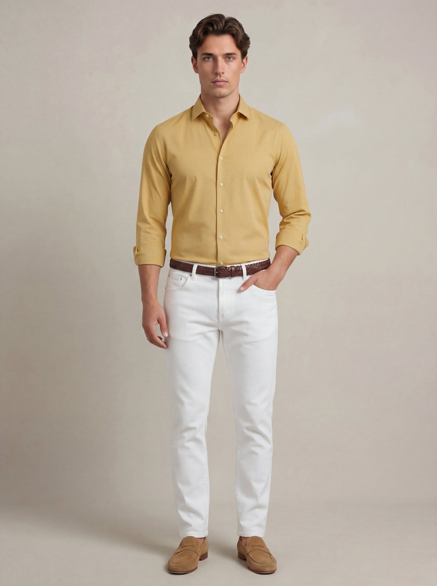Beyer Mustard Techno 4 Way Stretch Solid Full Sleeve Single Cuff Slim Fit Party Wear Blended Shirt