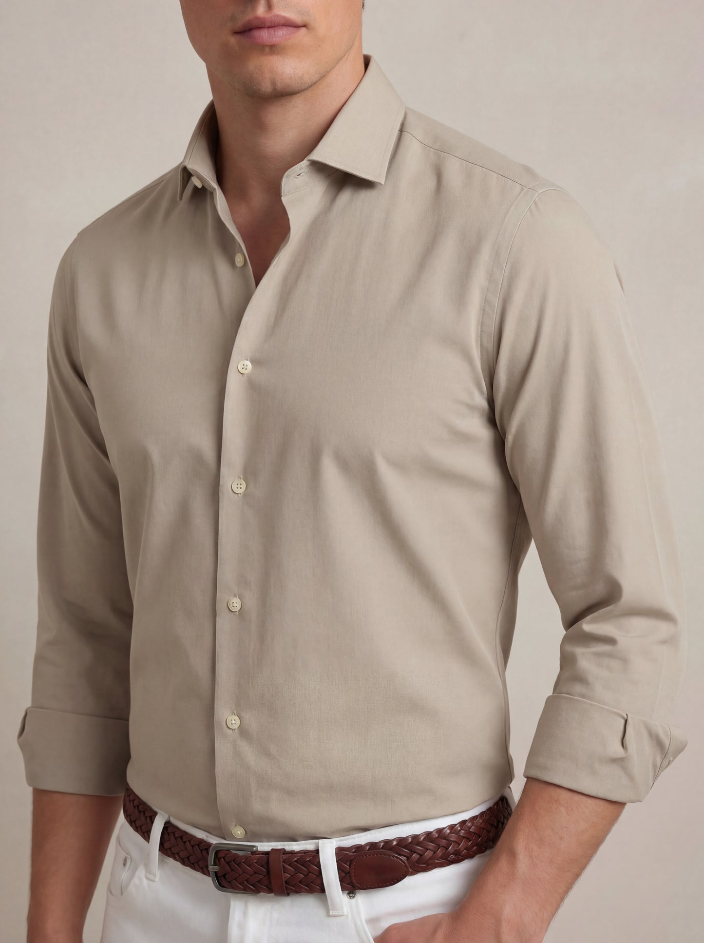Verstappen Beige Solid Velvet Touch Full Sleeve Single Cuff Slim Fit Party Wear Blended Shirt