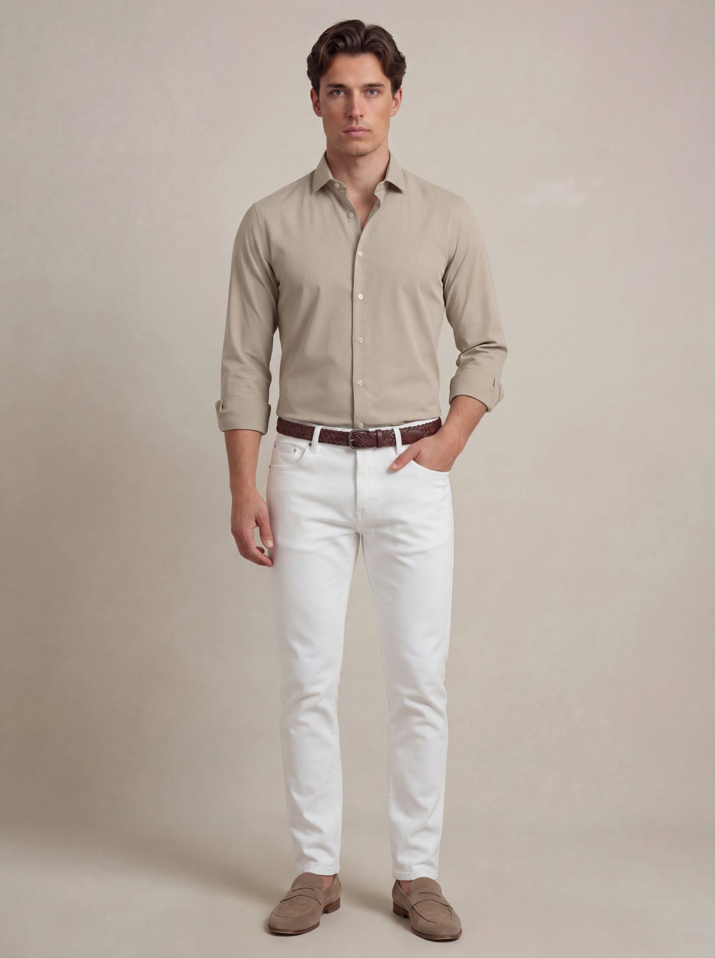 Verstappen Beige Solid Velvet Touch Full Sleeve Single Cuff Slim Fit Party Wear Blended Shirt