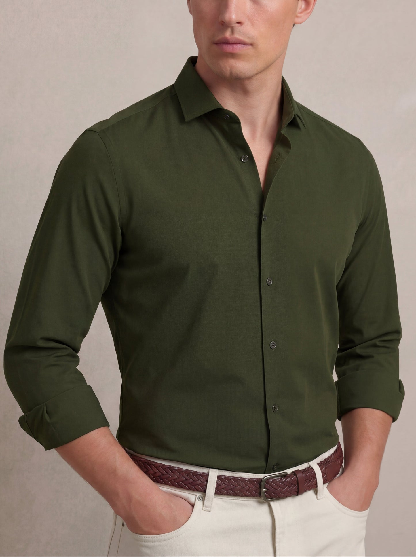Verstappen Olive Solid Velvet Touch Full Sleeve Single Cuff Slim Fit Party Wear Blended Shirt