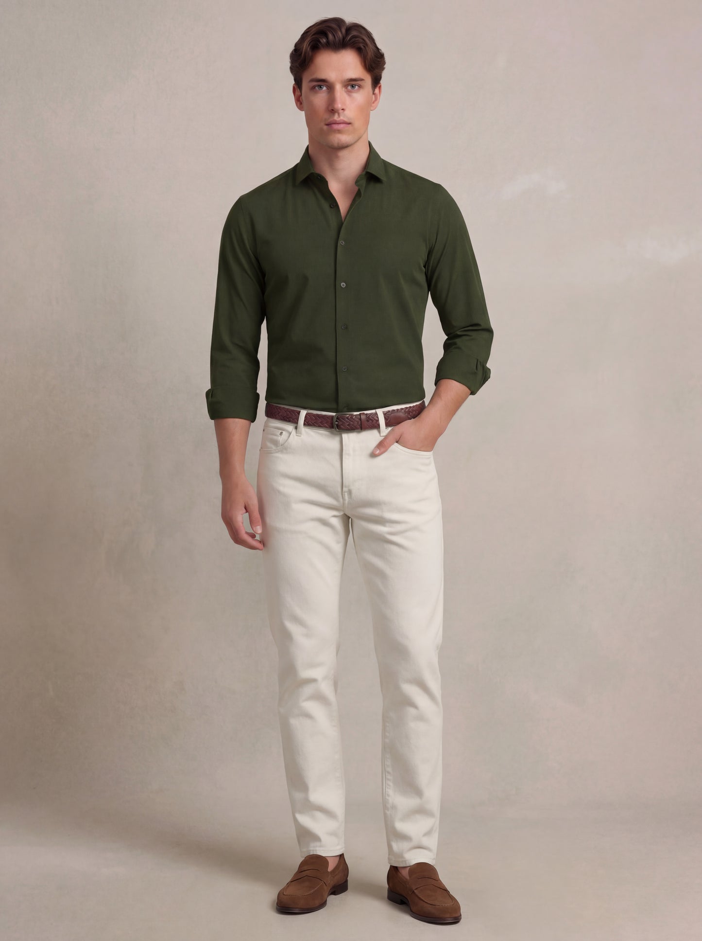 Verstappen Olive Solid Velvet Touch Full Sleeve Single Cuff Slim Fit Party Wear Blended Shirt