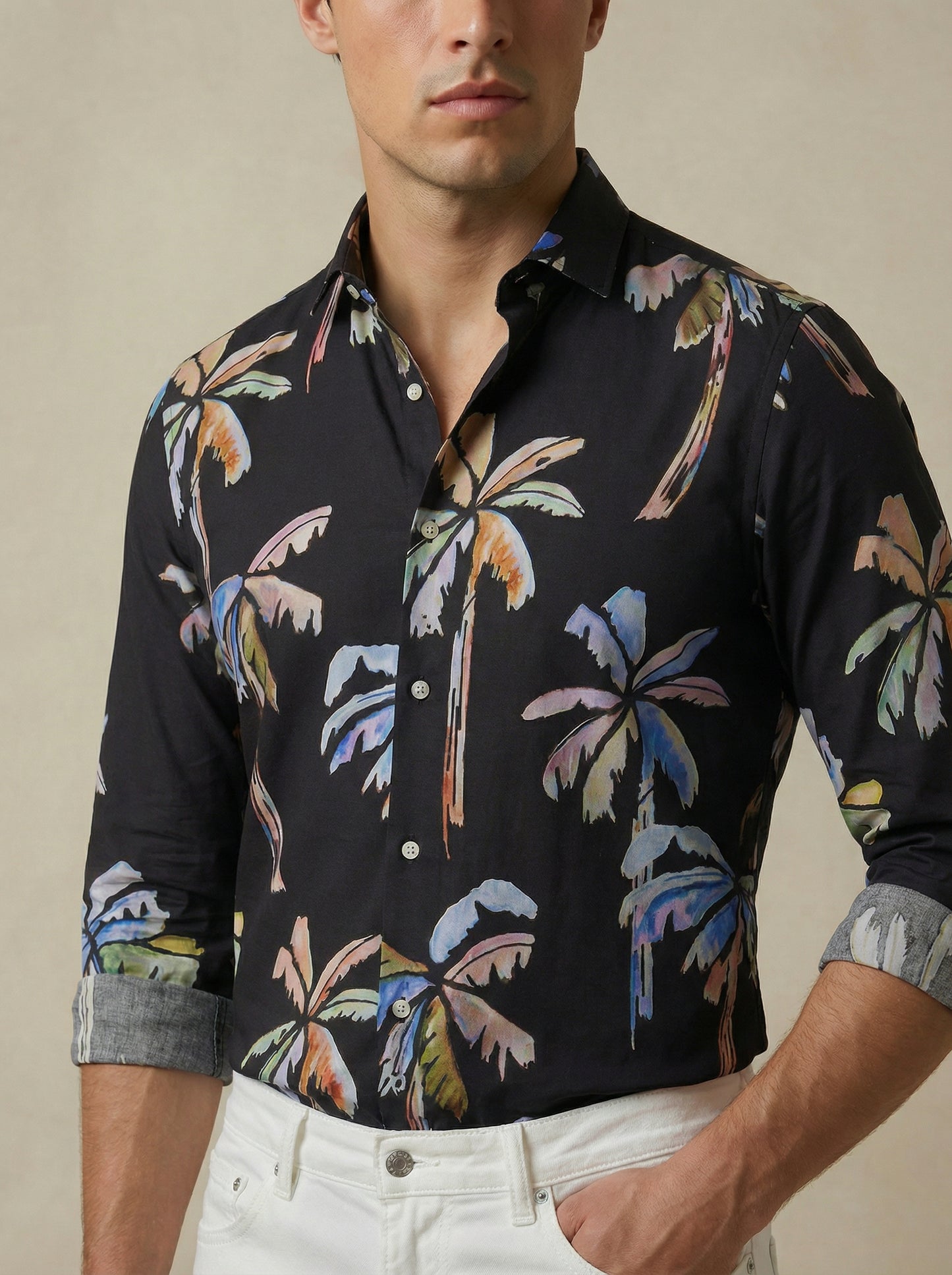 Silvano Black Printed Full Sleeve Single Cuff Slim Fit Party Wear Viscose Shirt