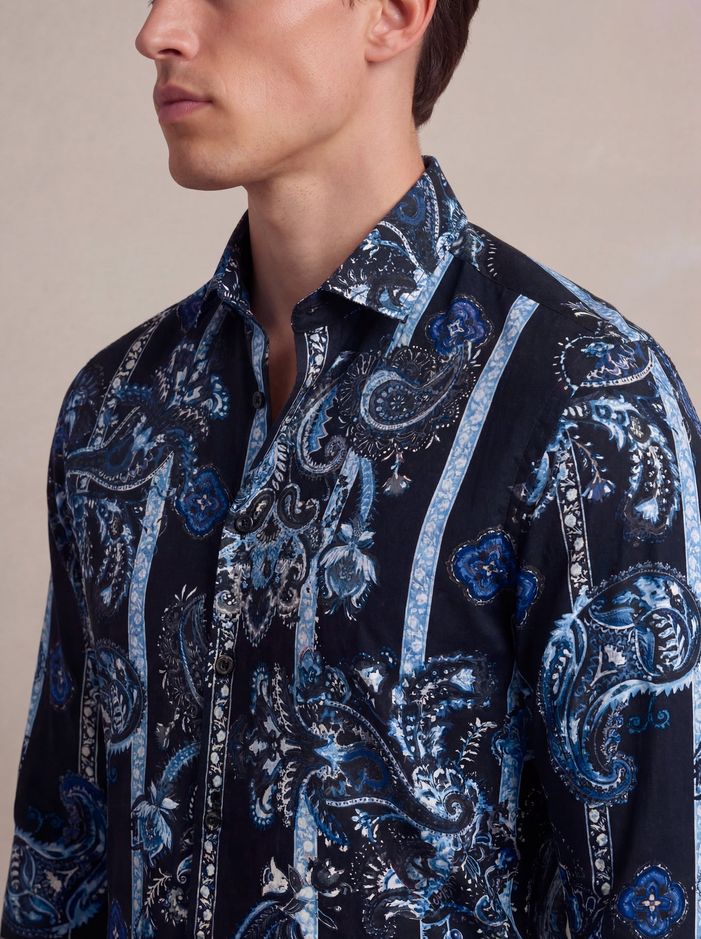 Silvano Blue Printed Full Sleeve Single Cuff Slim Fit Party Wear Viscose Shirt
