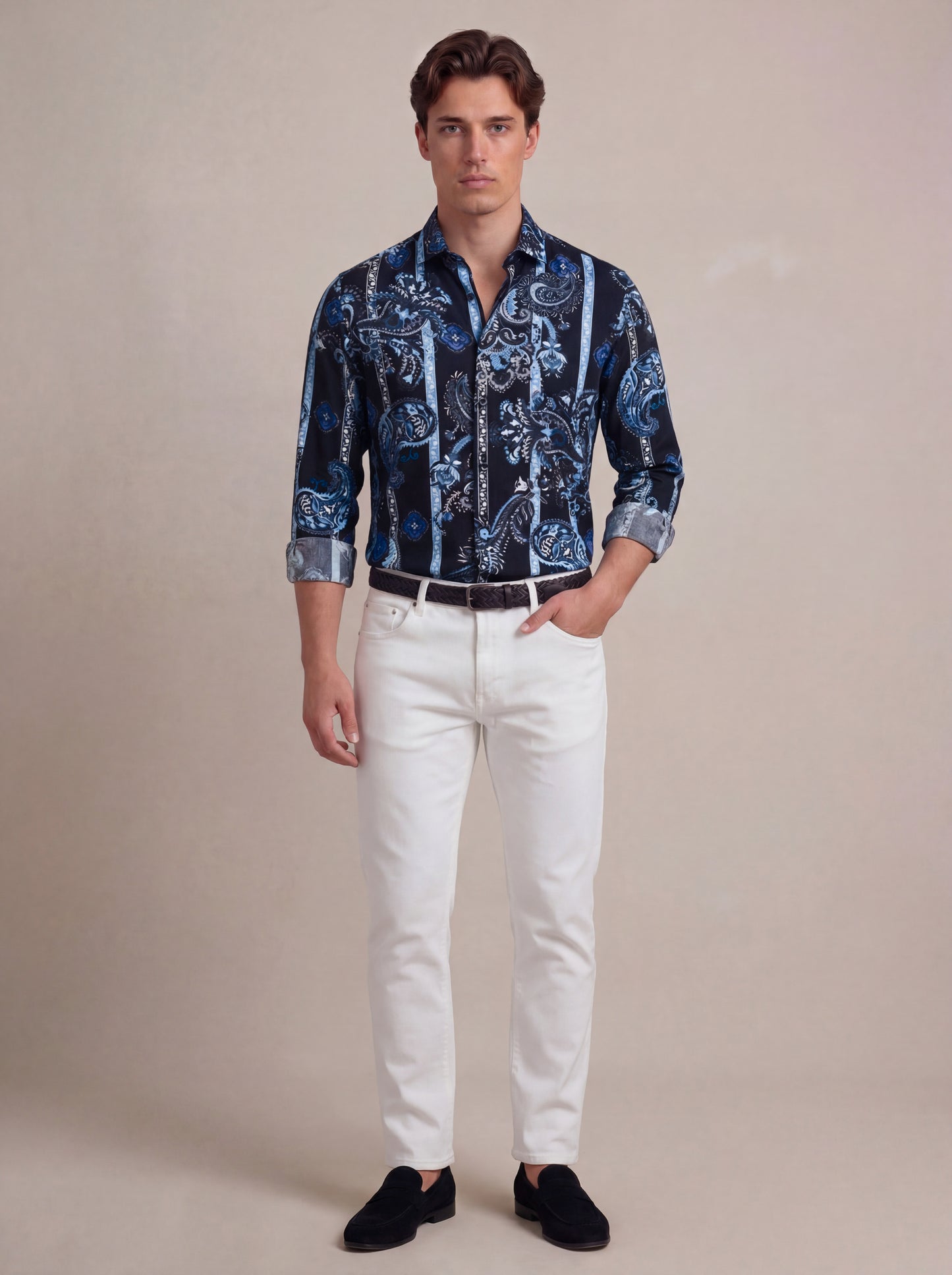 Silvano Blue Printed Full Sleeve Single Cuff Slim Fit Party Wear Viscose Shirt