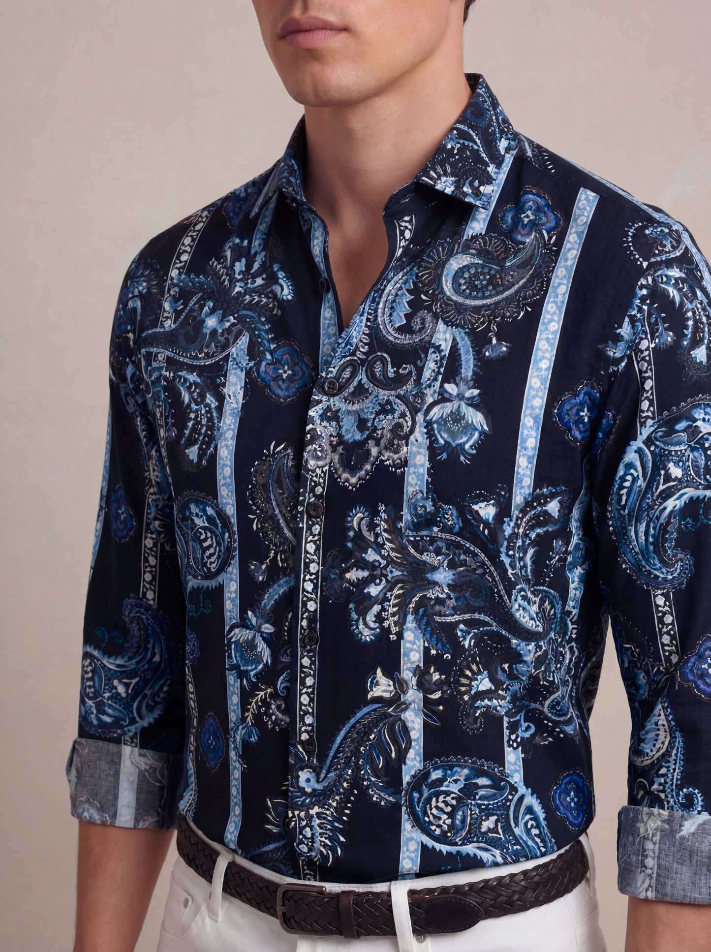 Silvano Blue Printed Full Sleeve Single Cuff Slim Fit Party Wear Viscose Shirt