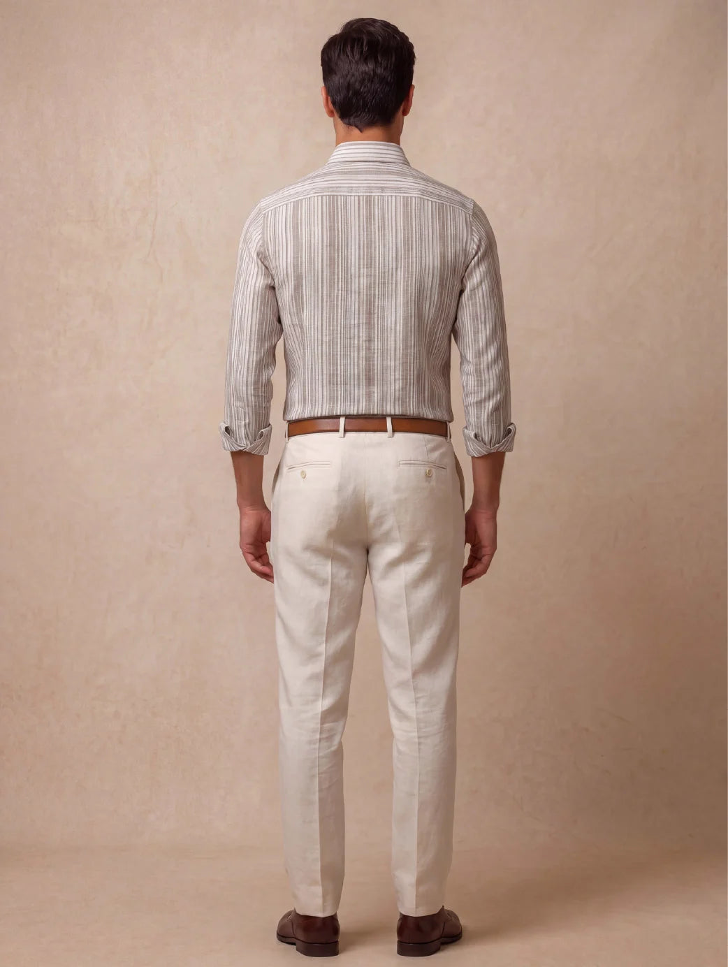 Positano Sand Striped Full Sleeve Single Cuff Classic Fit Semi Formal European Flax Linen Shirt