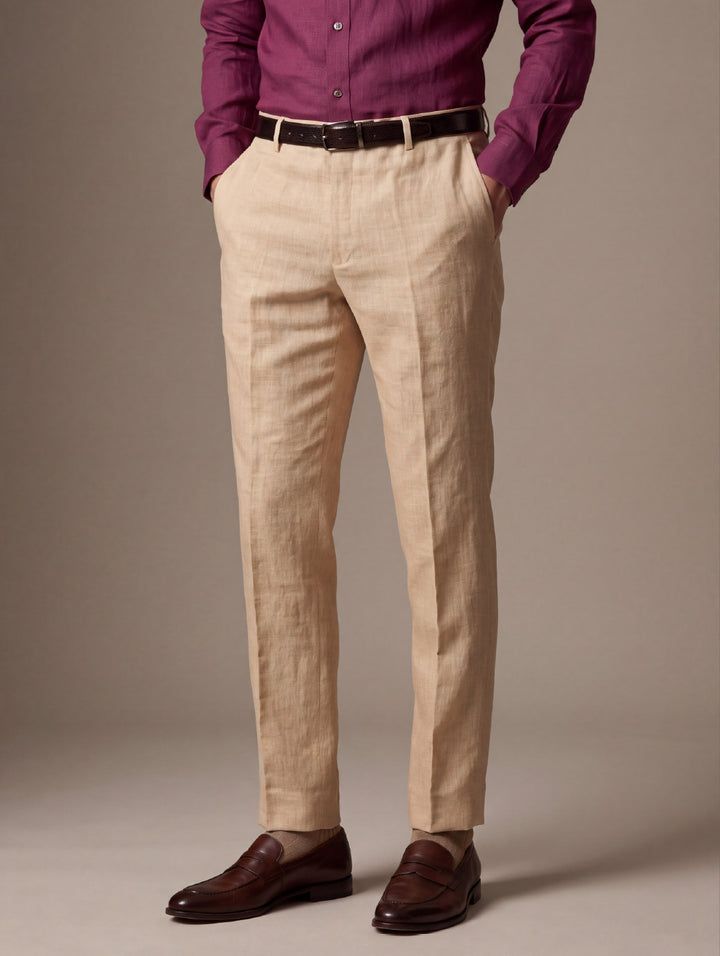 Positano Beige Tailored Fit Pure Linen Trouser