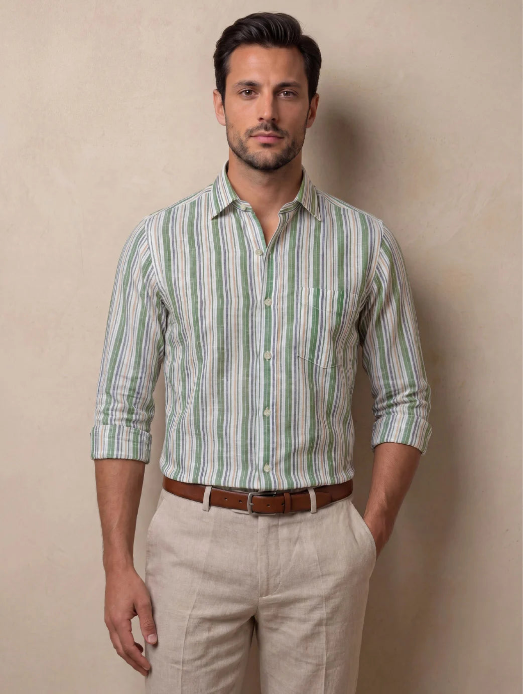Positano Green Striped Full Sleeve Single Cuff Classic Fit Semi Formal European Flax Linen Shirt