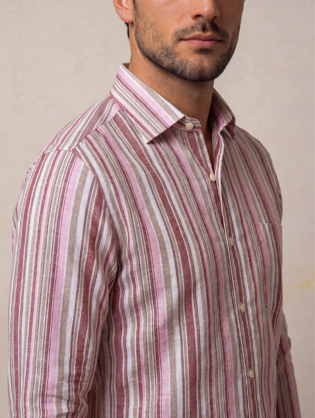 Positano Red Striped Full Sleeve Single Cuff Classic Fit Semi Formal European Flax Linen Shirt