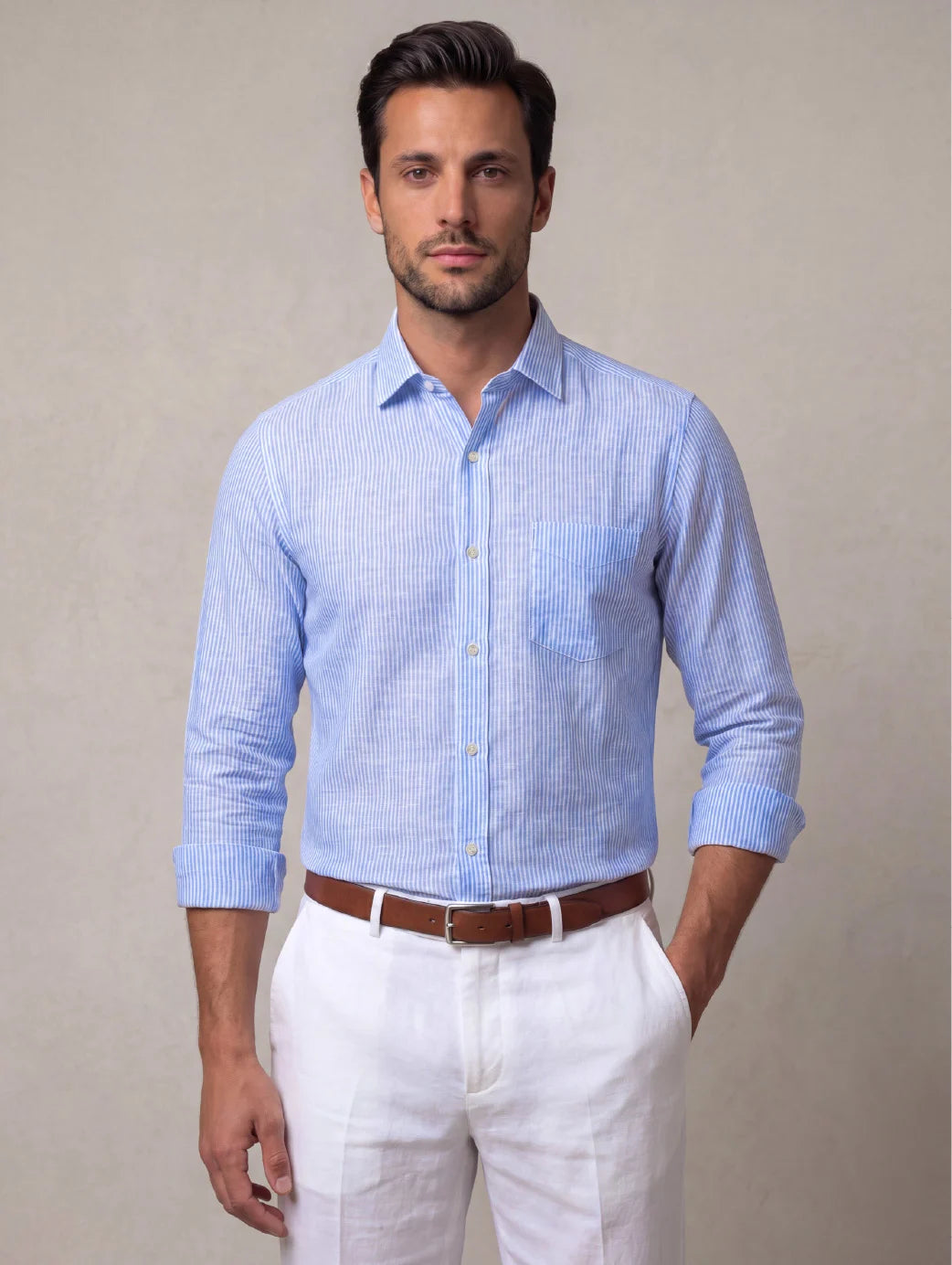 Positano Sky Striped Full Sleeve Single Cuff Classic Fit Semi Formal European Flax Linen Shirt