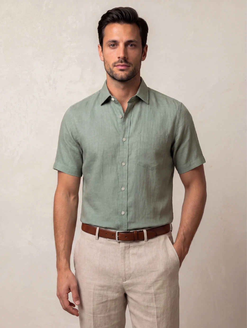 Praiano Olive Solid Half Sleeve Classic Fit Semi Formal European Flax Linen Shirt