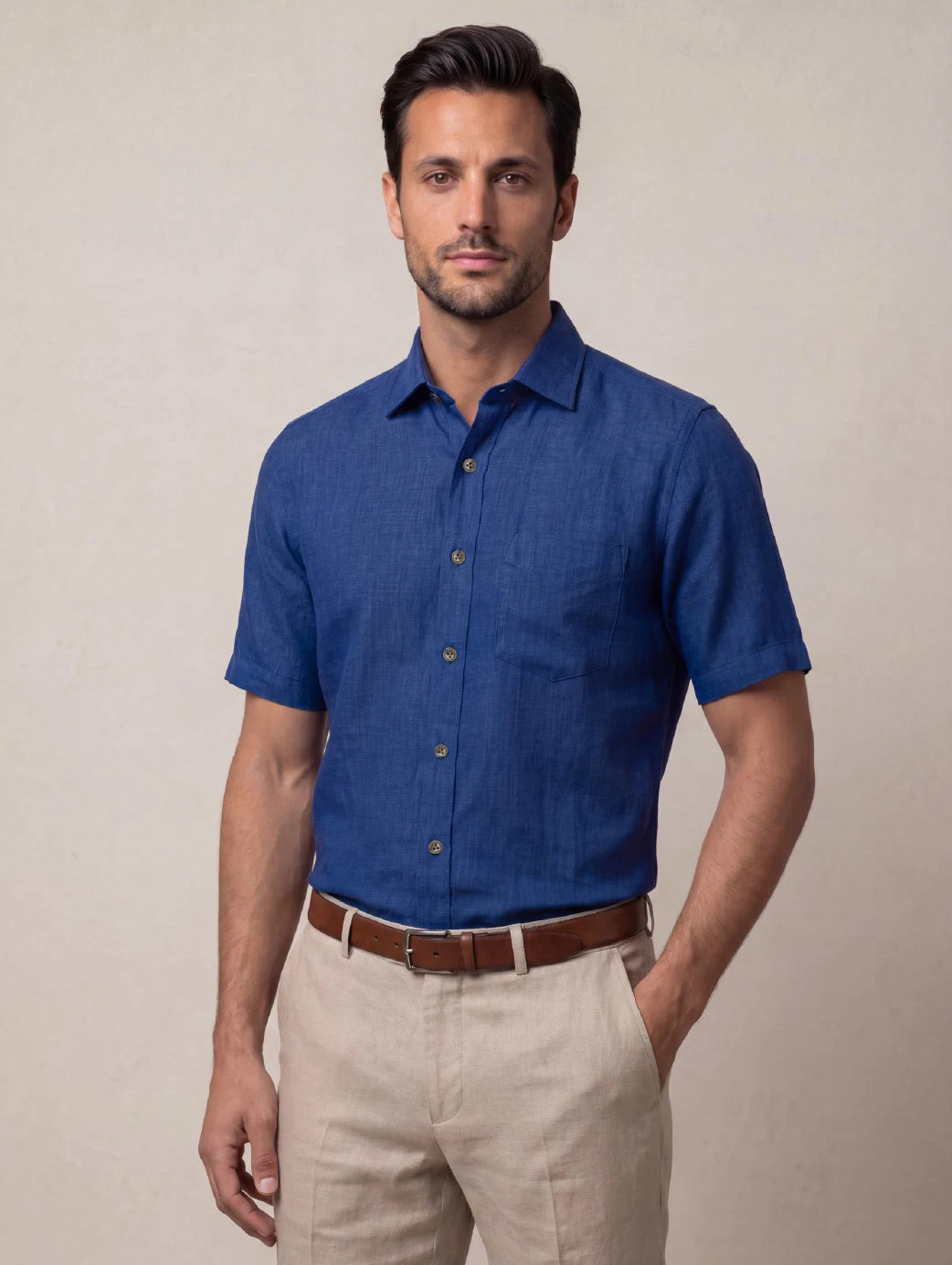 Praiano Royal Solid Half Sleeve Classic Fit Semi Formal European Flax Linen Shirt