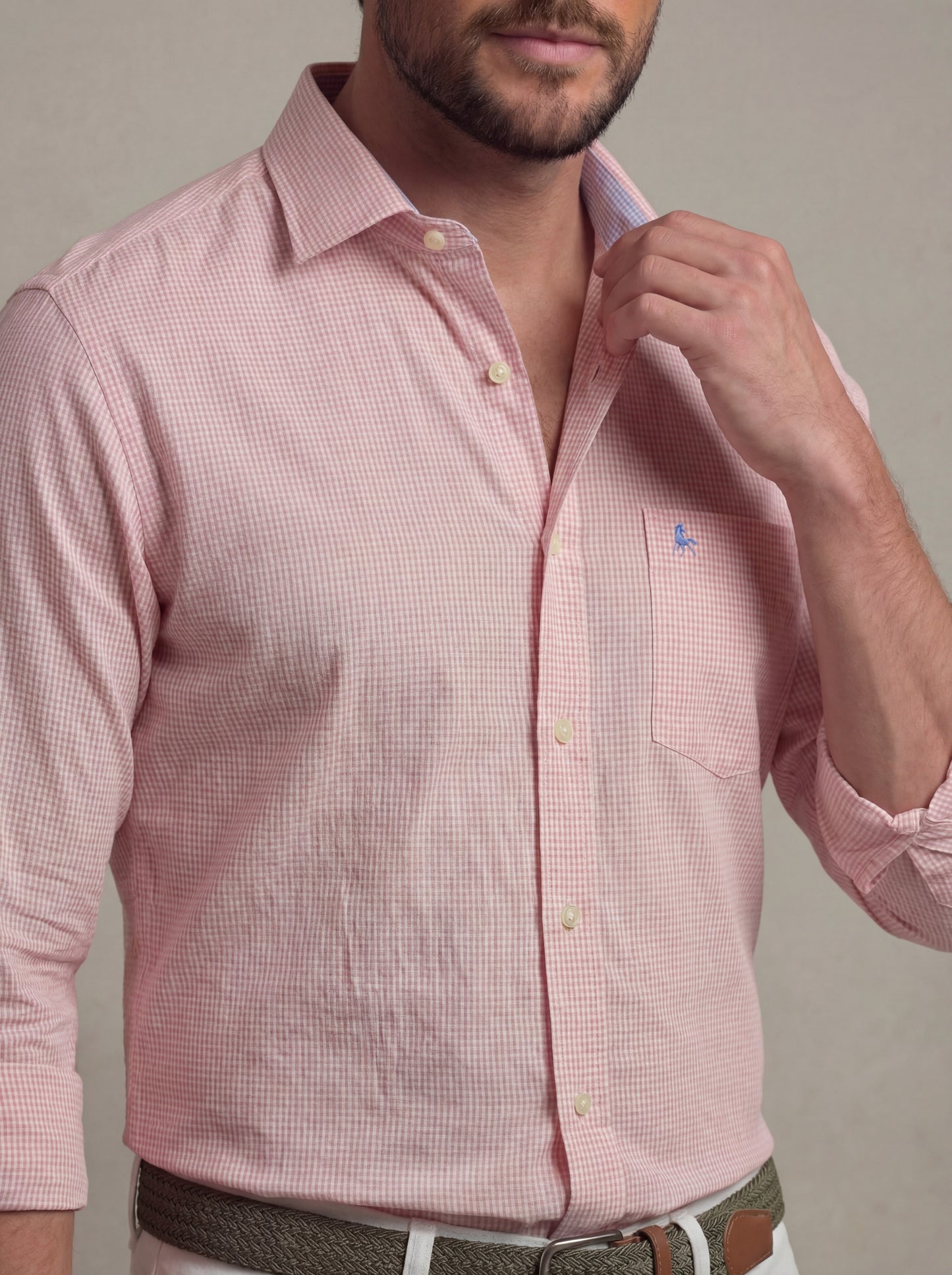 Palmas Seersucker Peach Check Full Sleeve Tailored Fit Casual Cotton Shirt