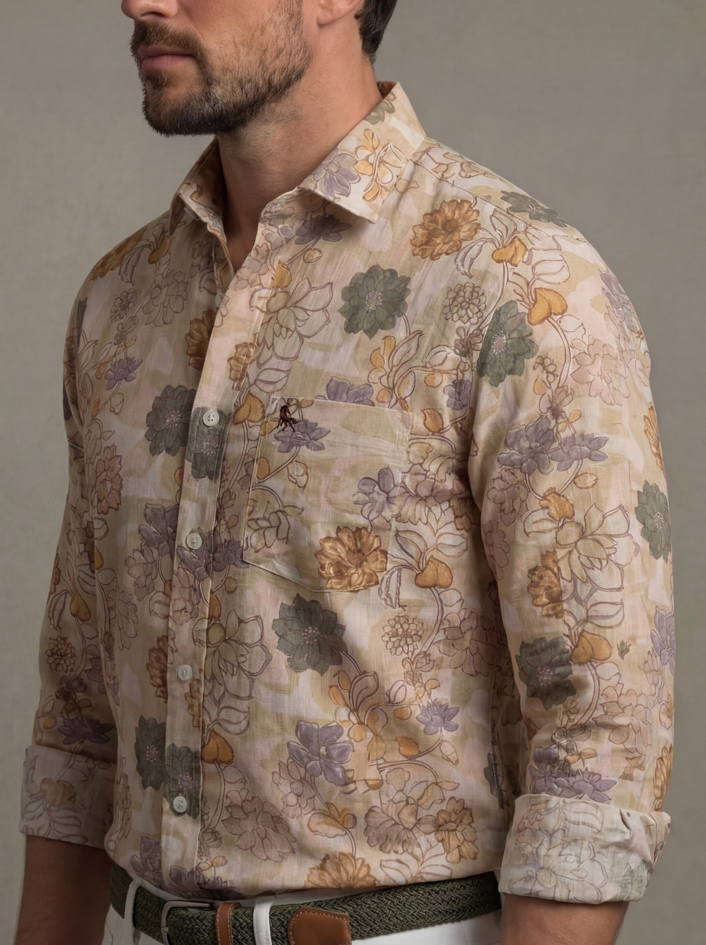 Aberg Slub Beige Printed Full Sleeve Tailored Fit Casual Cotton Shirt