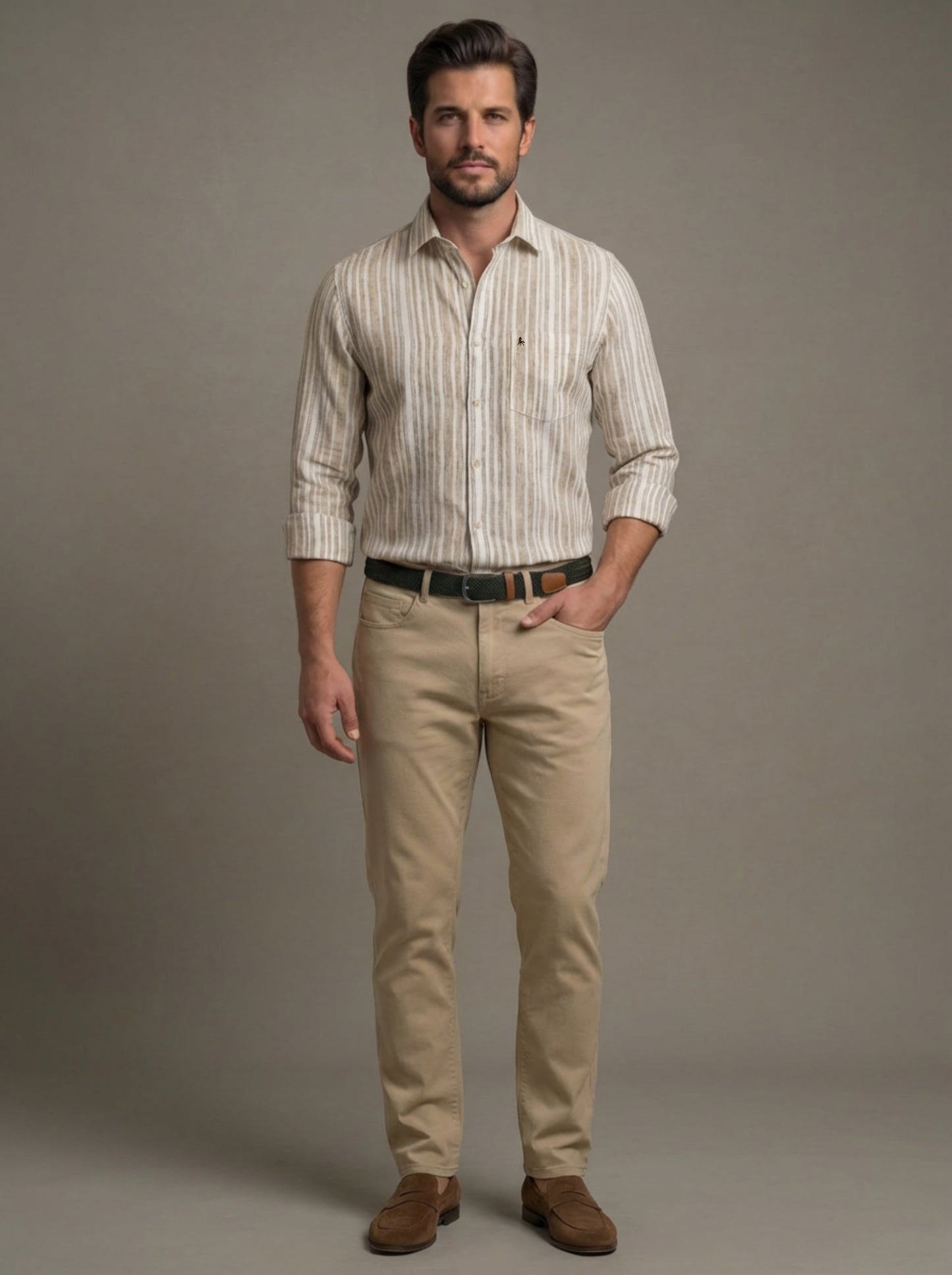 Scheffler Beige Striped Full Sleeve Tailored Fit Casual Blended Shirt