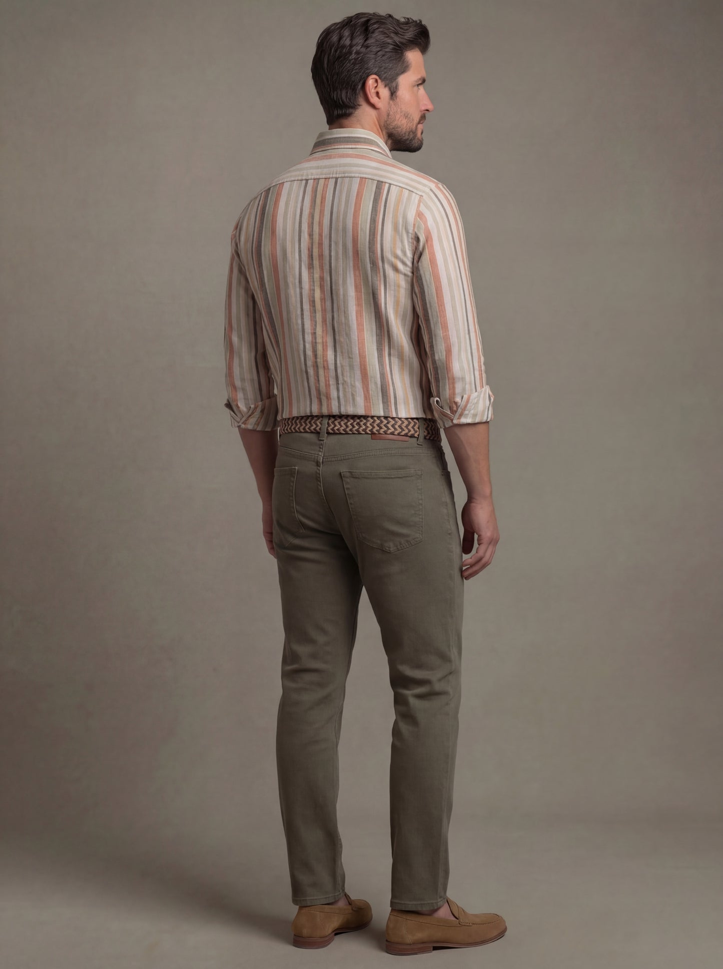 Hovland Slub Olive Striped Full Sleeve Tailored Fit Casual Cotton Shirt