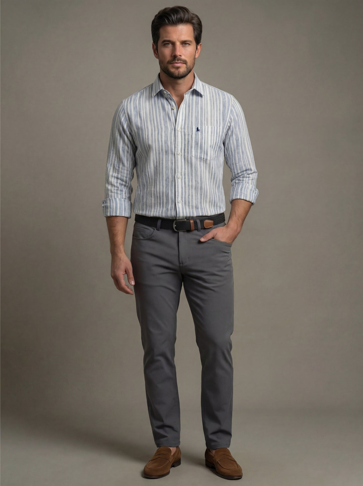 Scheffler Blue Striped Full Sleeve Tailored Fit Casual Blended Shirt