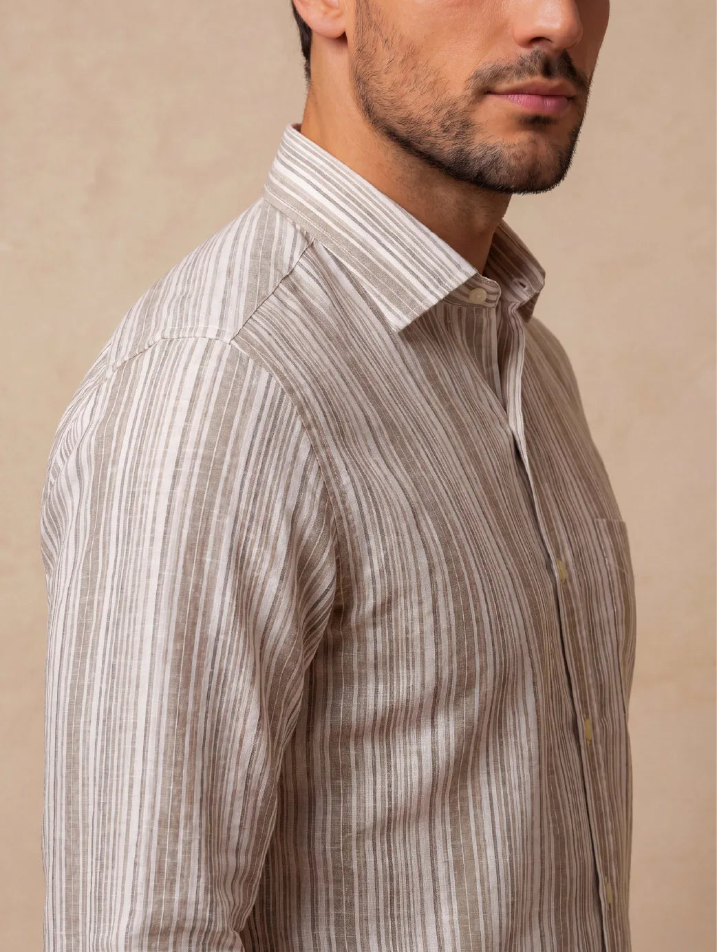 Positano Sand Striped Full Sleeve Single Cuff Classic Fit Semi Formal European Flax Linen Shirt