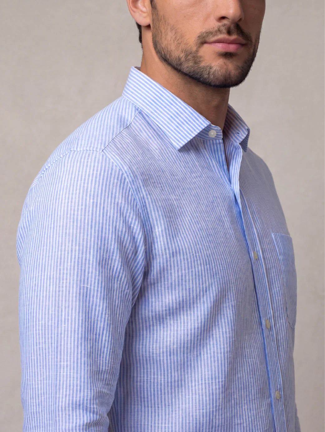 Positano Sky Striped Full Sleeve Single Cuff Classic Fit Semi Formal European Flax Linen Shirt